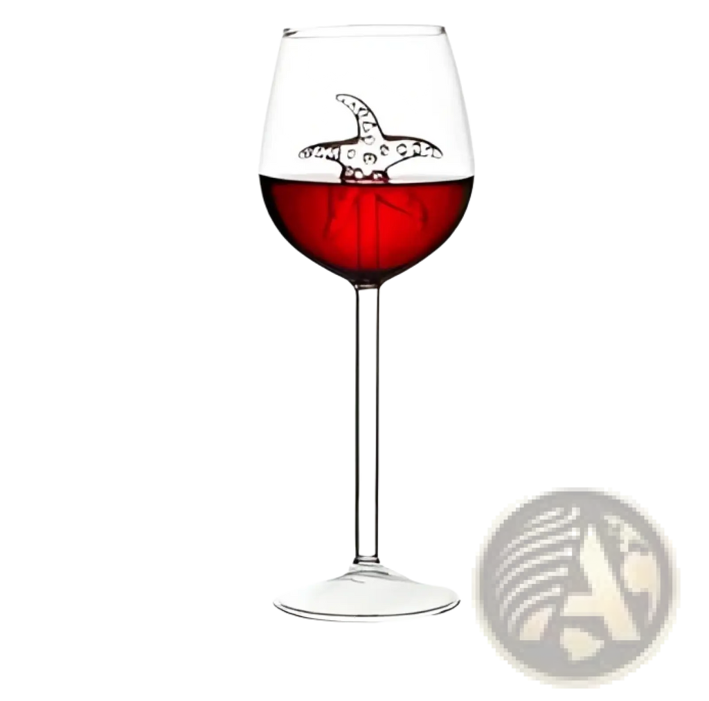 A clear glass crystal red wine goblet with a decorative silver starfish design floating on the surface, 400ml capacity