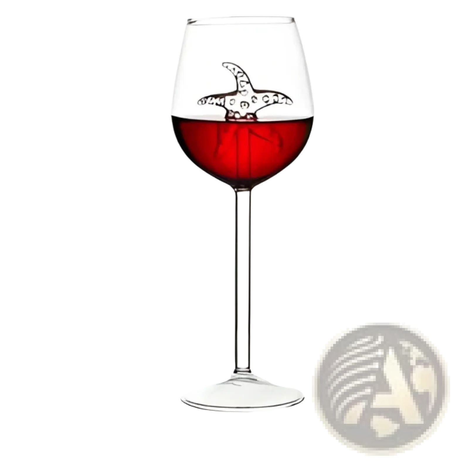 A clear glass crystal red wine goblet with a decorative silver starfish design floating on the surface, 400ml capacity