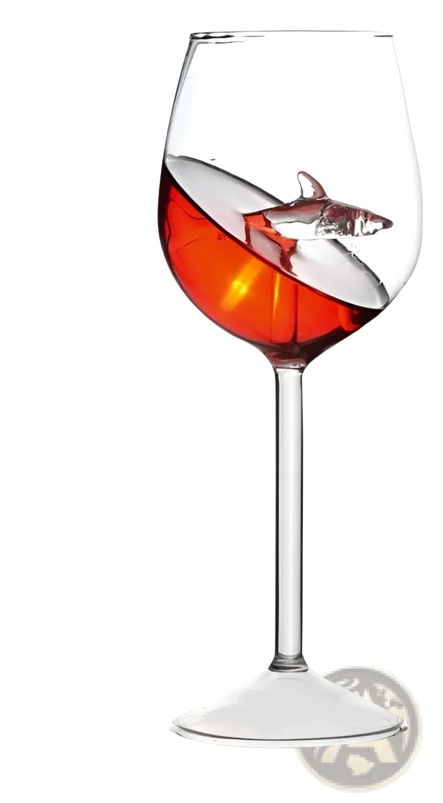 A clear glass starfish sea horse crystal red wine glass 400ml with red wine and a transparent ice shark iceberg