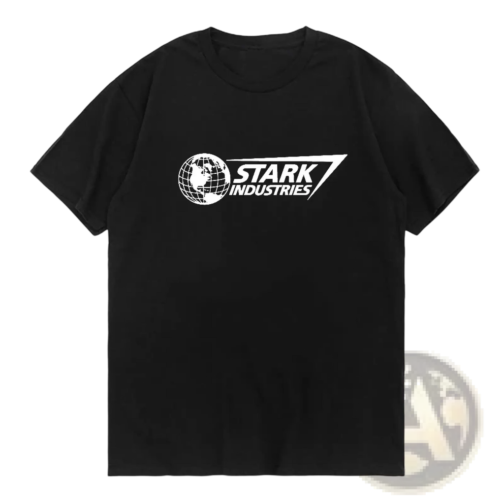 Black oversized cotton t-shirt featuring a white Stark Industries logo with globe graphic on the front