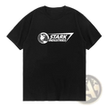 Black oversized cotton t-shirt featuring a white Stark Industries logo with globe graphic on the front