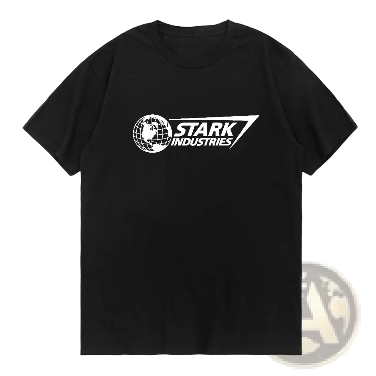 Black oversized cotton t-shirt featuring a white Stark Industries logo with globe graphic on the front