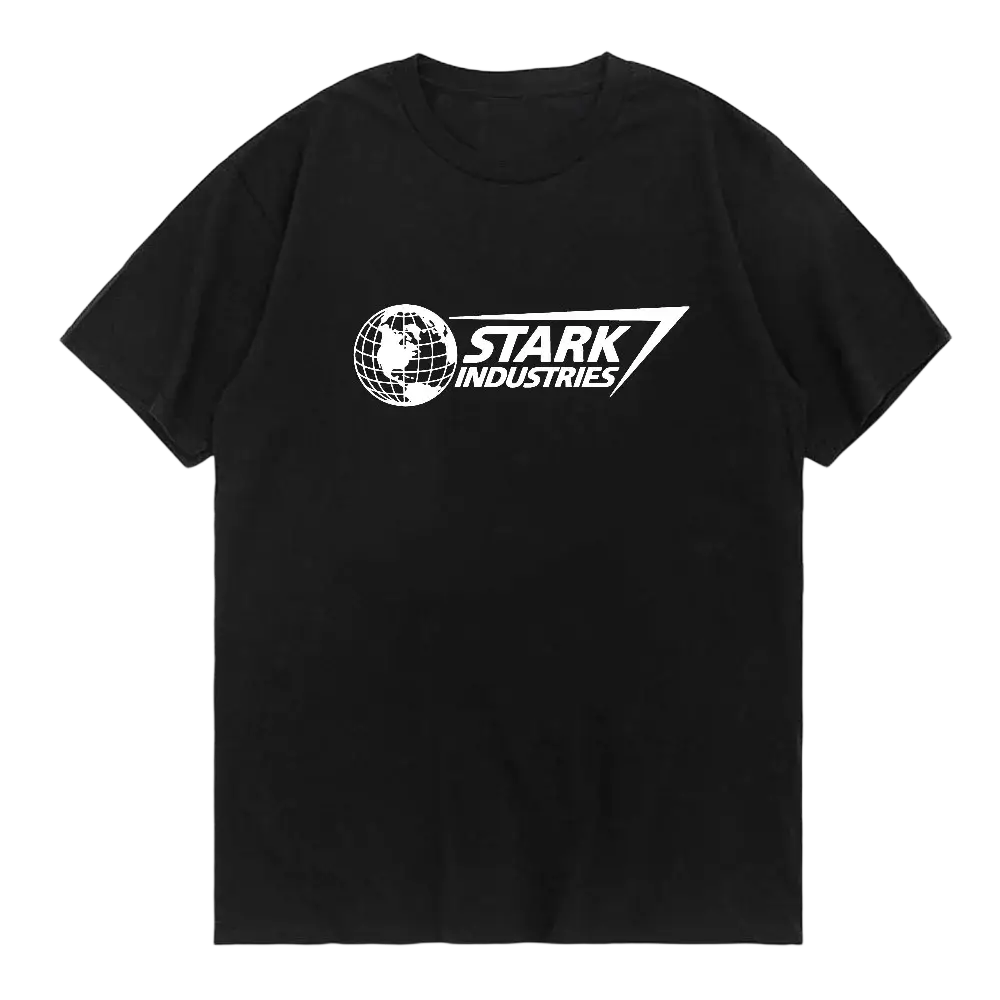 Black oversized cotton t-shirt featuring a white Stark Industries logo with globe graphic on the front