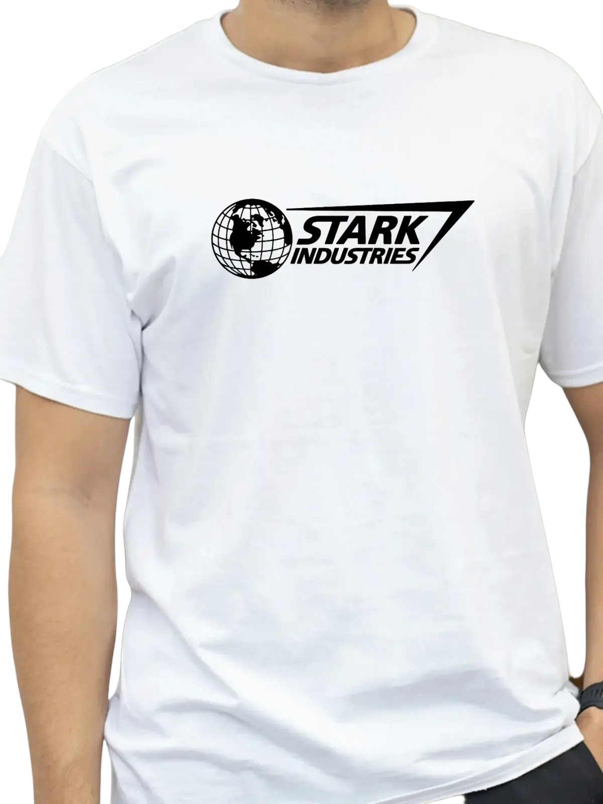 White oversized cotton t-shirt featuring a black Stark Industries logo with a globe and angular design