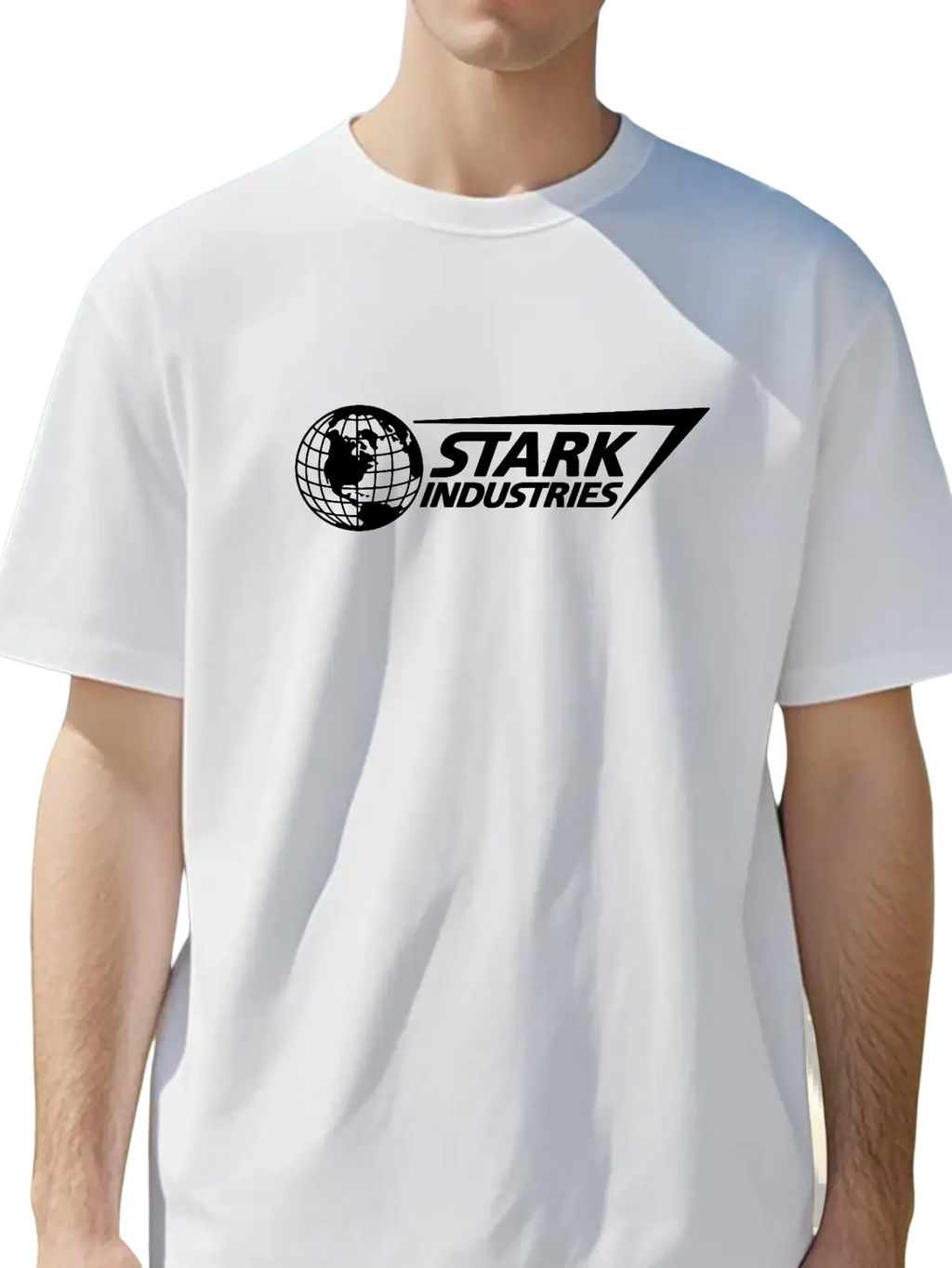 White oversized cotton t-shirt featuring a black Stark Industries logo with a globe and angular design