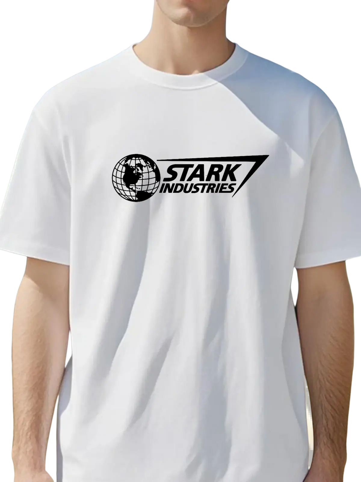 White oversized cotton t-shirt featuring a black Stark Industries logo with a globe and angular design