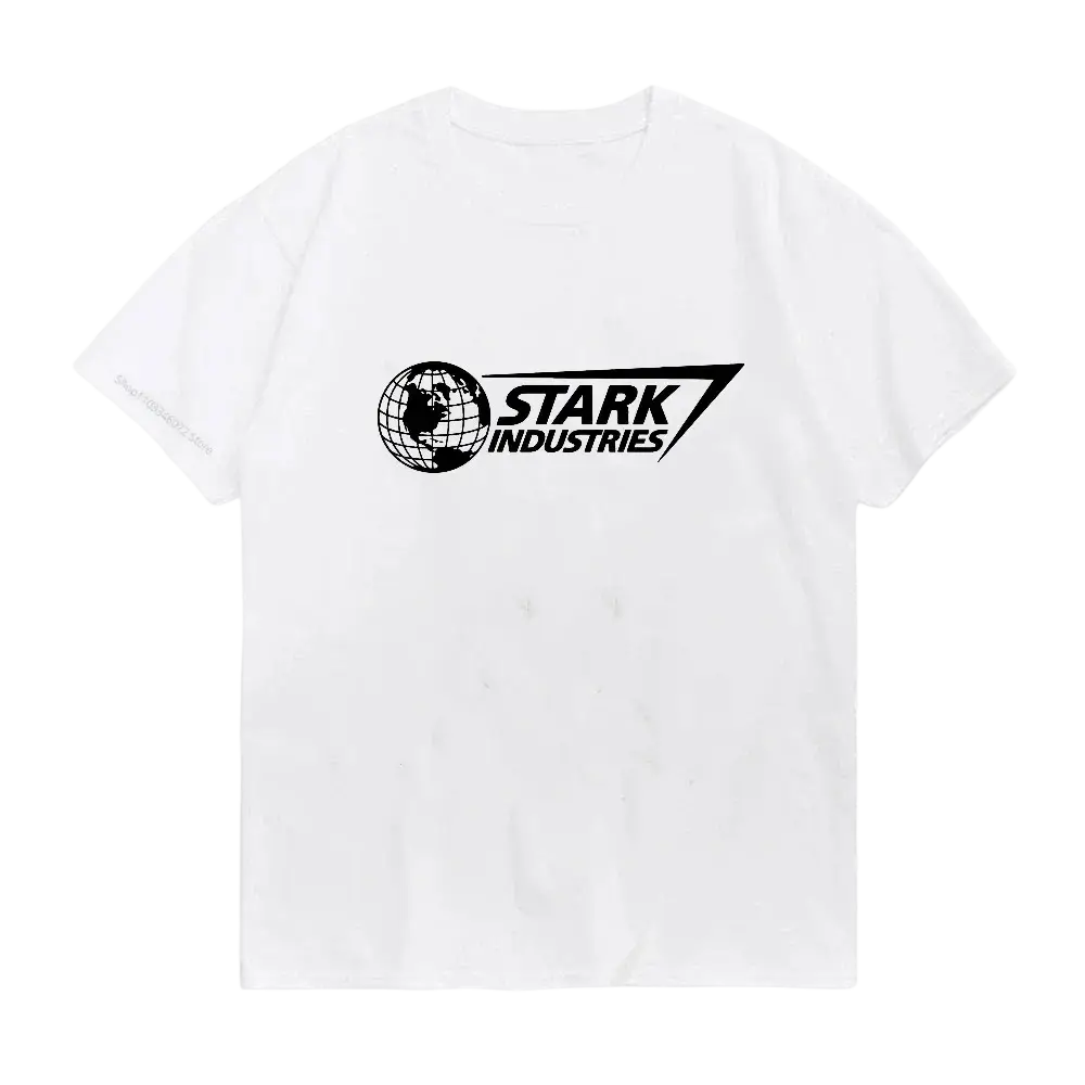 White oversized cotton t-shirt with short sleeves featuring black Stark Industries logo and globe graphic on front