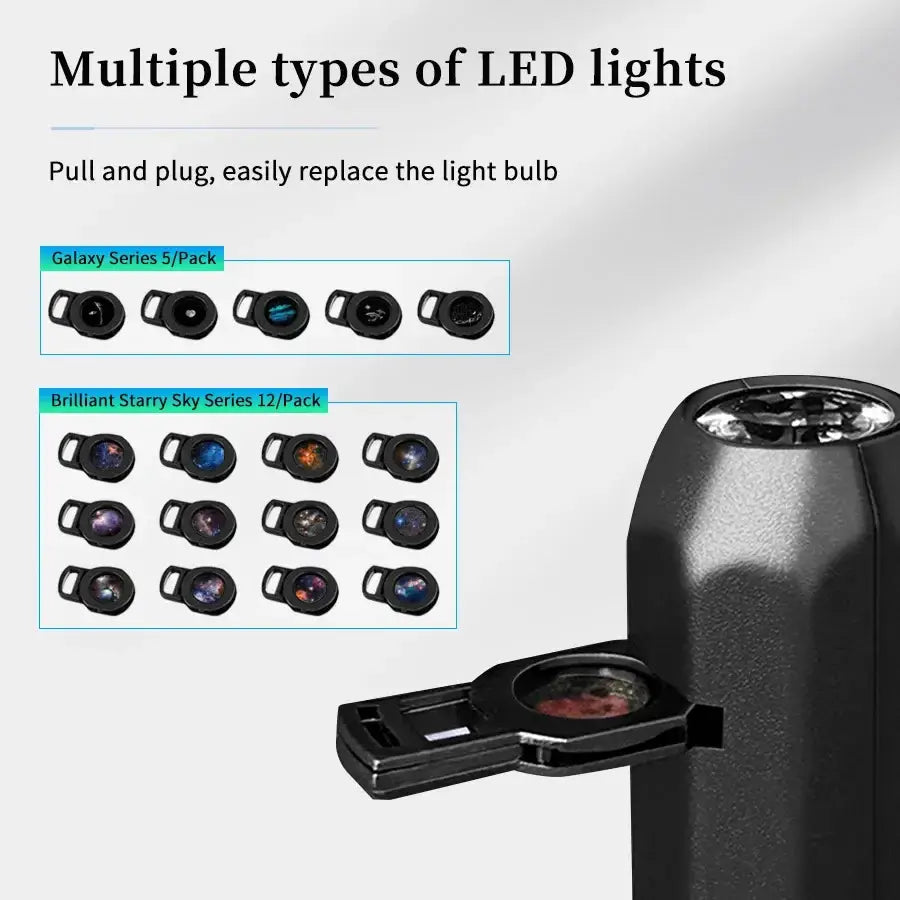 Black led starry sky galaxy projector usb night light with pull and plug design and interchangeable color lenses