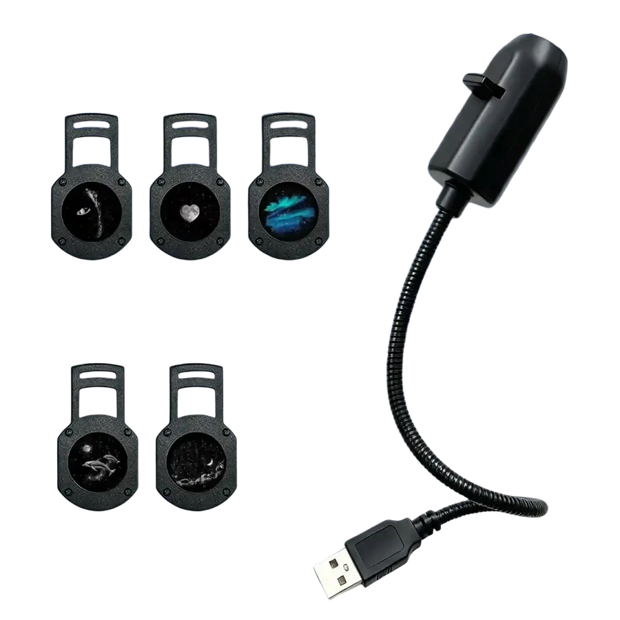 Black galaxy series 5 projector pack with five cosmic-themed lenses and flexible gooseneck lamp for starry sky slide effects