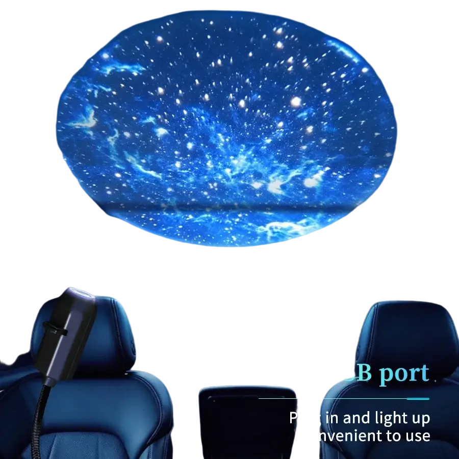 Blue starry sky projector usb night light mounted on car headrest displaying starry sky series slide pattern