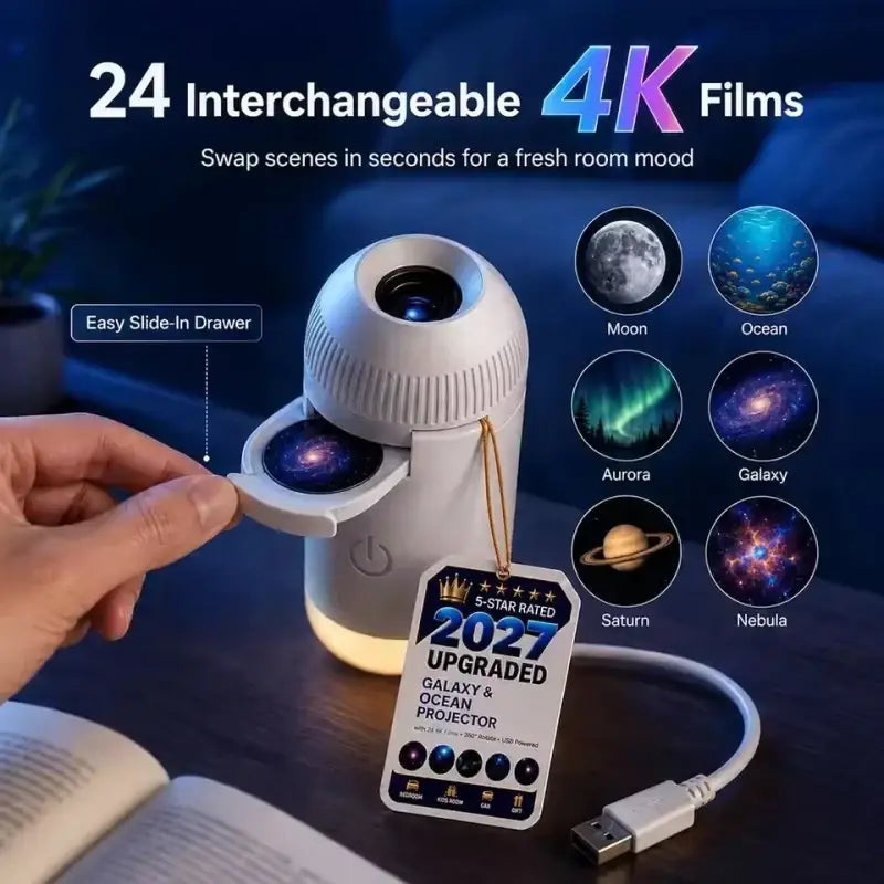 White cylindrical 4k starry sky night light atmosphere lamp with ribbed texture and slide-in drawer for cosmic films