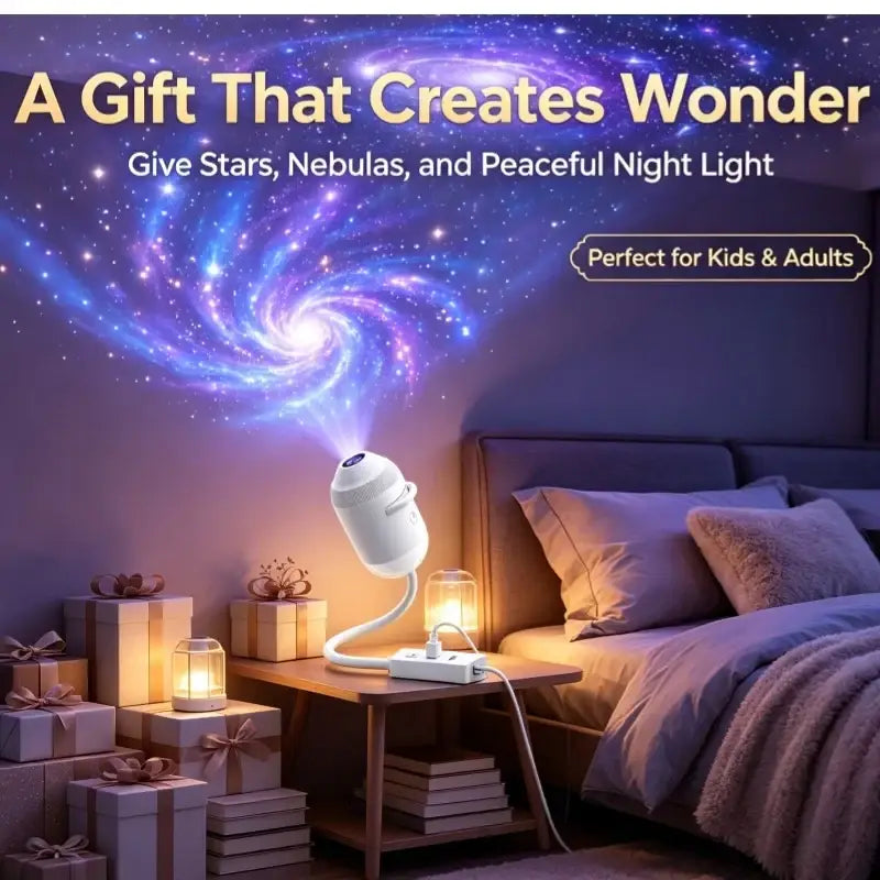 White starry sky night light atmosphere lamp with flexible neck projecting blue and purple swirling nebula on wall