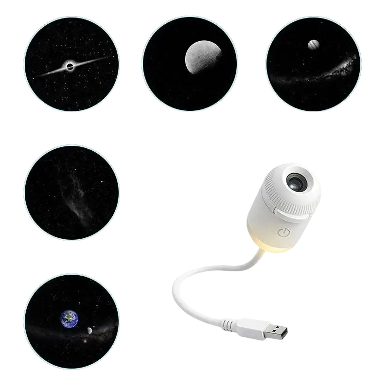 White usb-powered starry sky night light projector with cylindrical textured grip atmosphere lamp displaying cosmic scenes