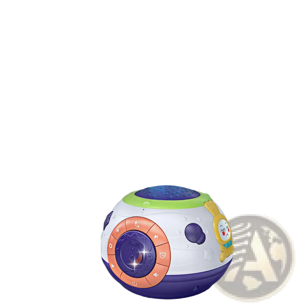 Starry sky night light projector with music featuring a round white body, purple base, green top, and colorful accents