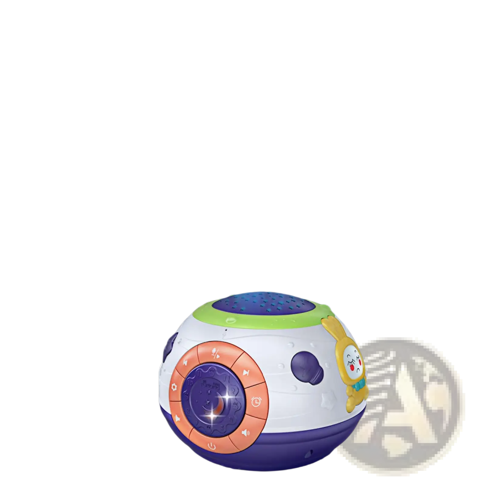 Starry sky night light projector with music featuring a round white body, purple base, green top, and colorful accents