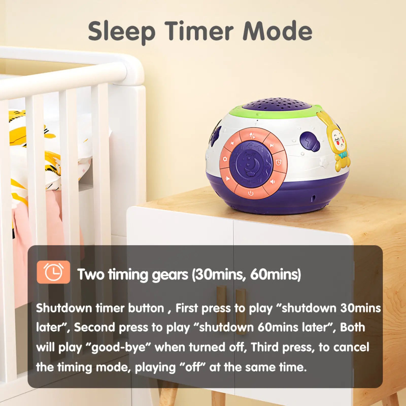 Starry sky night light projector with music and sounds in a colorful round baby sleep timer with cartoon decals