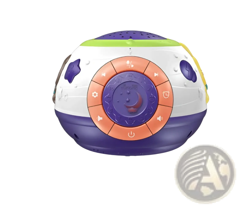 Starry sky night light projector with music and sounds in white purple with orange moon star panel and green top accents