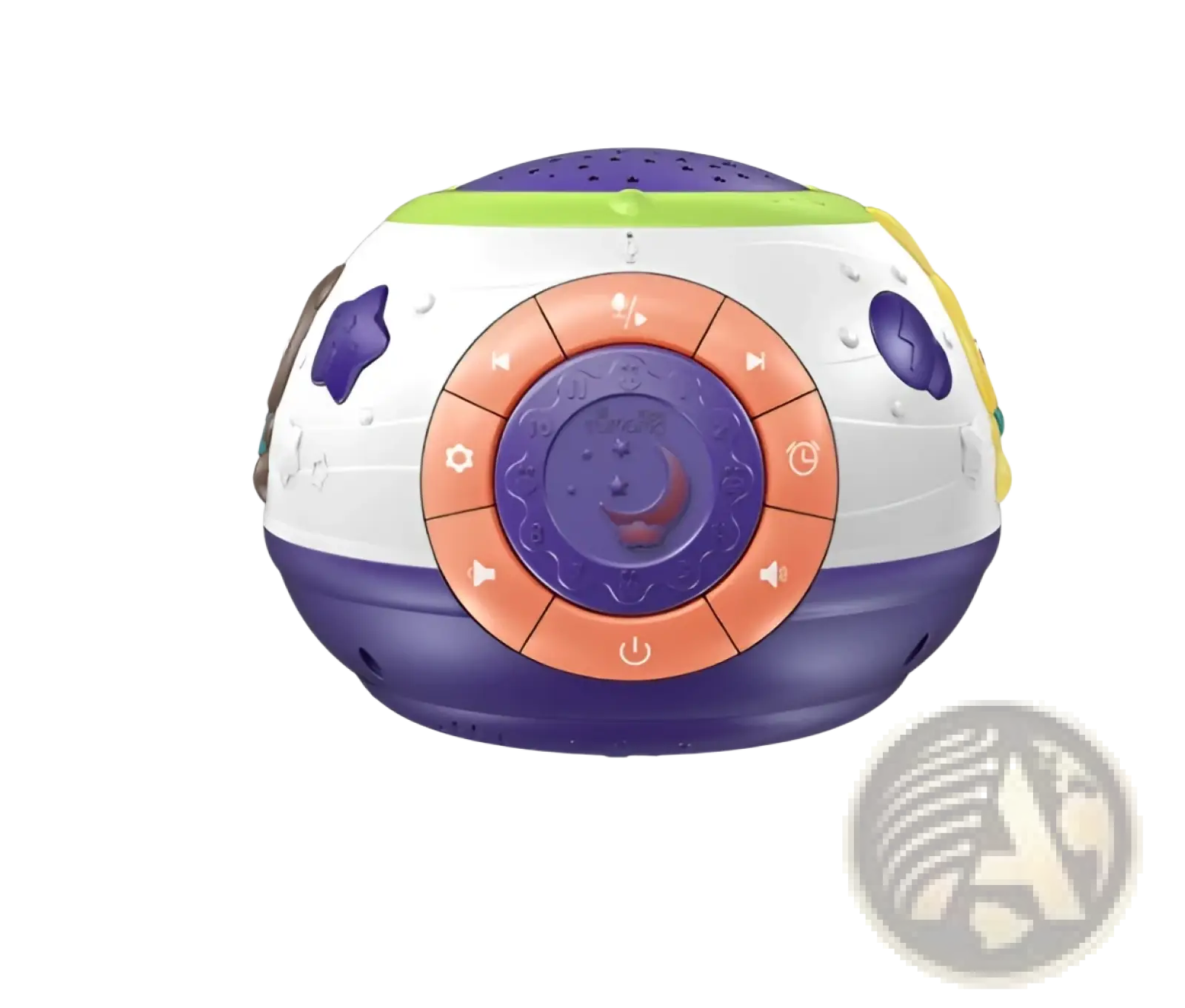 Starry sky night light projector with music and sounds in white purple with orange moon star panel and green top accents