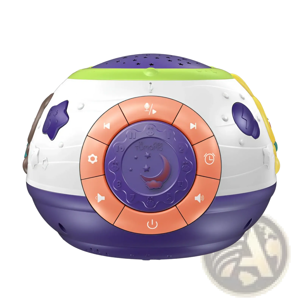 Purple and white starry sky night light projector with music featuring orange buttons and star-shaped side decorations