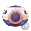 Purple and white starry sky night light projector with music featuring orange buttons and star-shaped side decorations