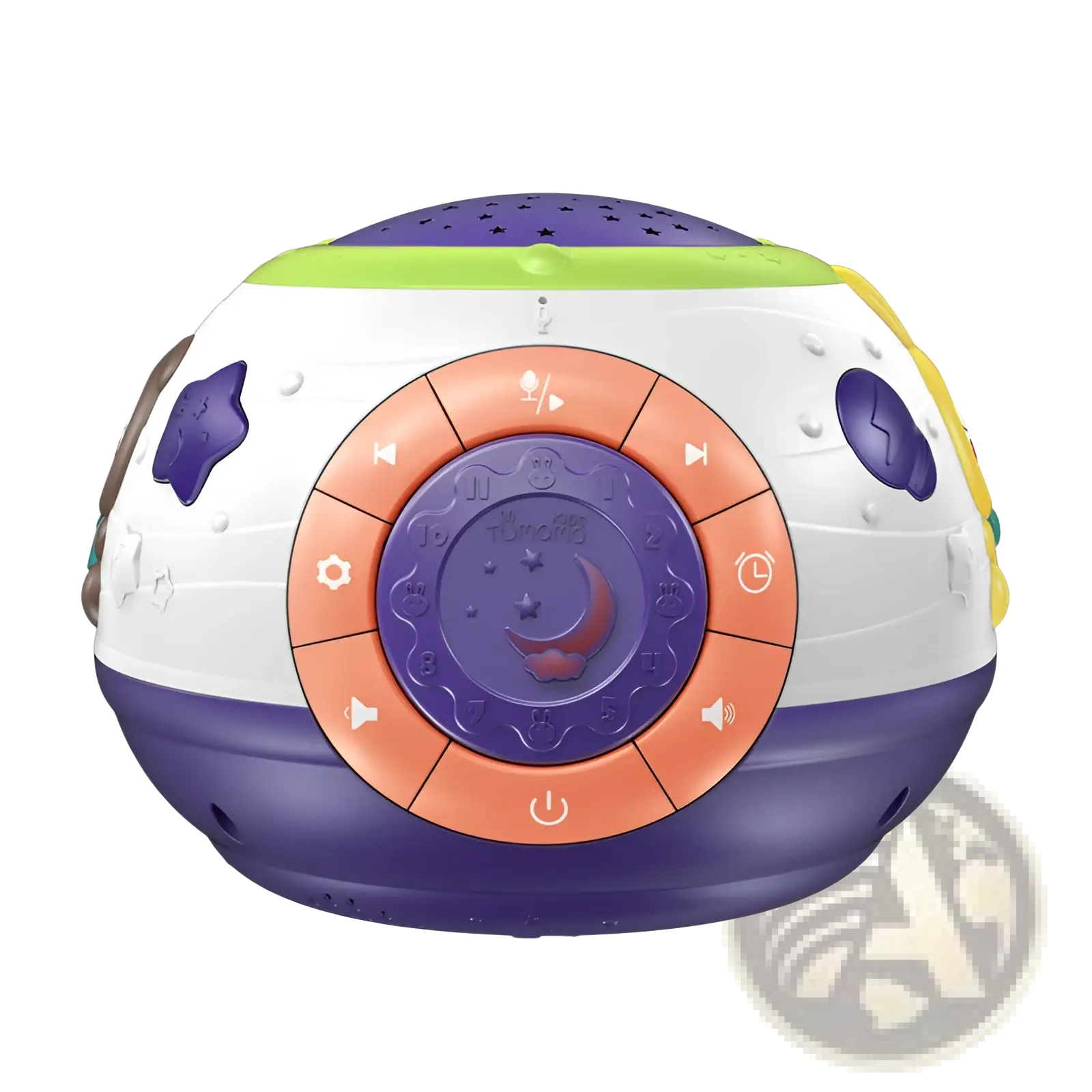 Purple and white starry sky night light projector with music featuring orange buttons and star-shaped side decorations