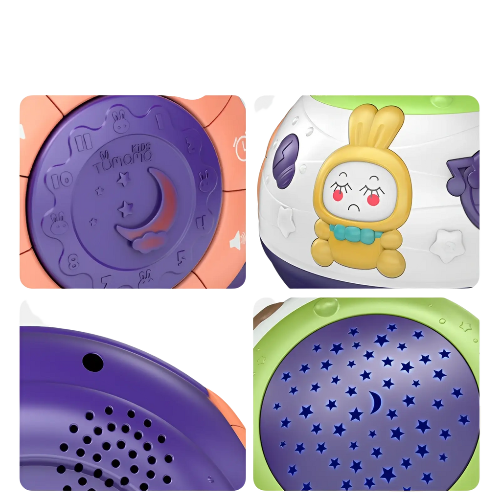 Purple and white plastic starry sky night light projector with music featuring a yellow bunny face and soft lighting