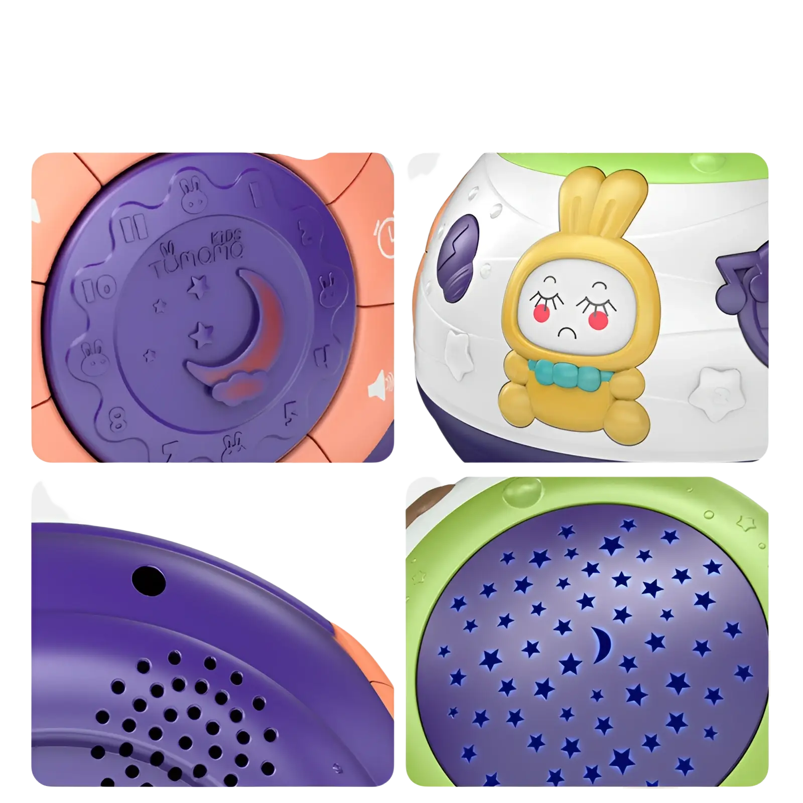 Purple and white plastic starry sky night light projector with music featuring a yellow bunny face and soft lighting