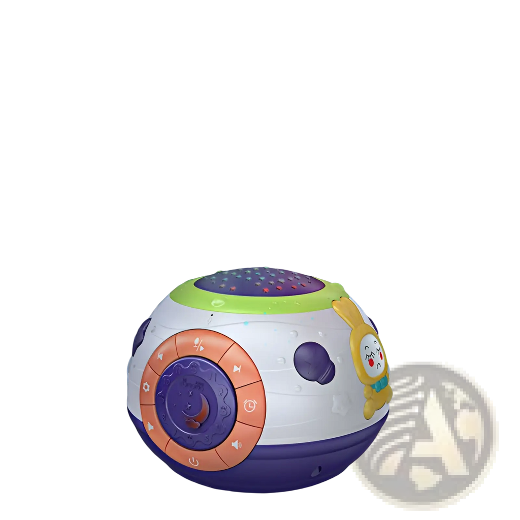 Starry sky night light projector with music and sounds in white and purple with green, orange, and yellow bunny face accents