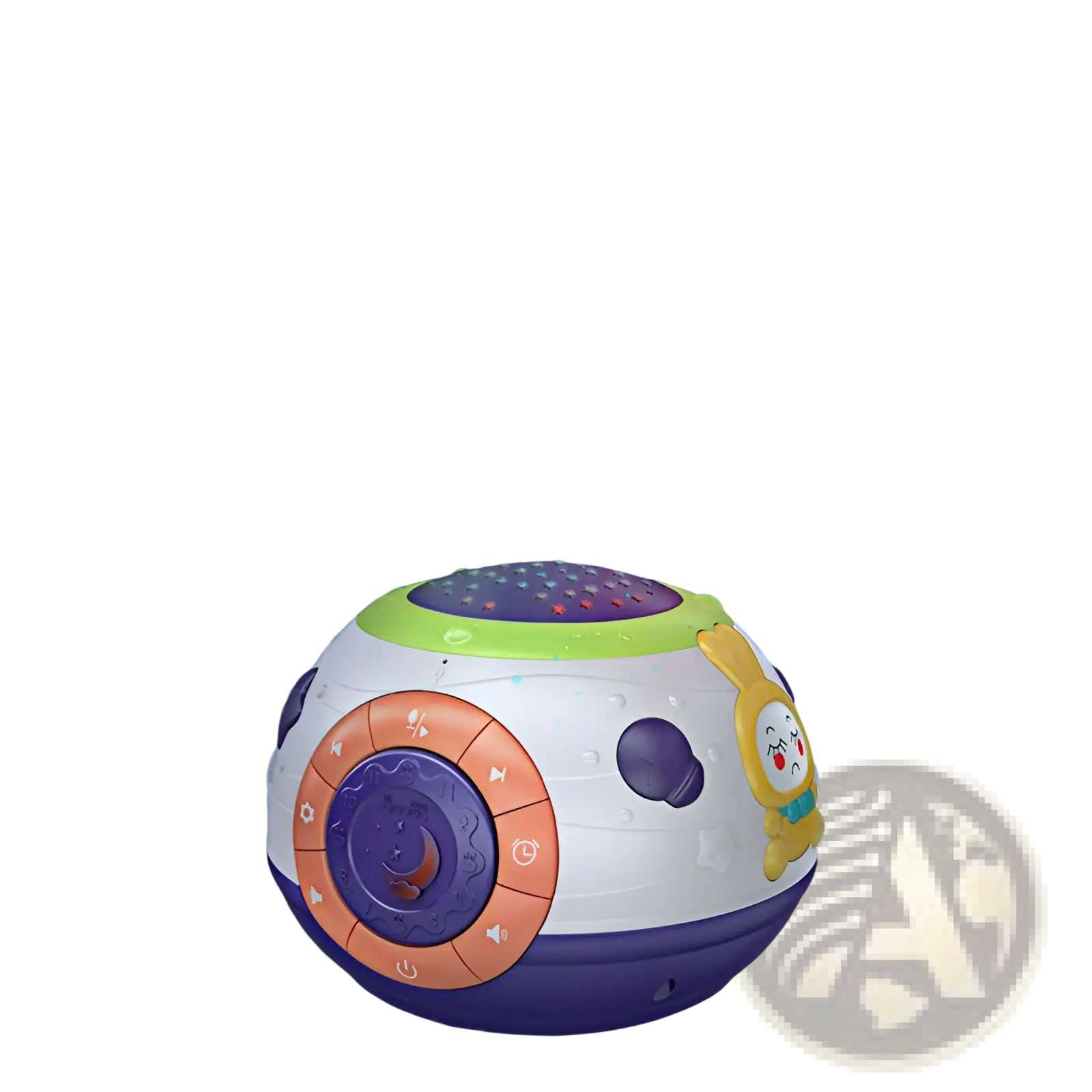 Starry sky night light projector with music and sounds in white and purple with green, orange, and yellow bunny face accents