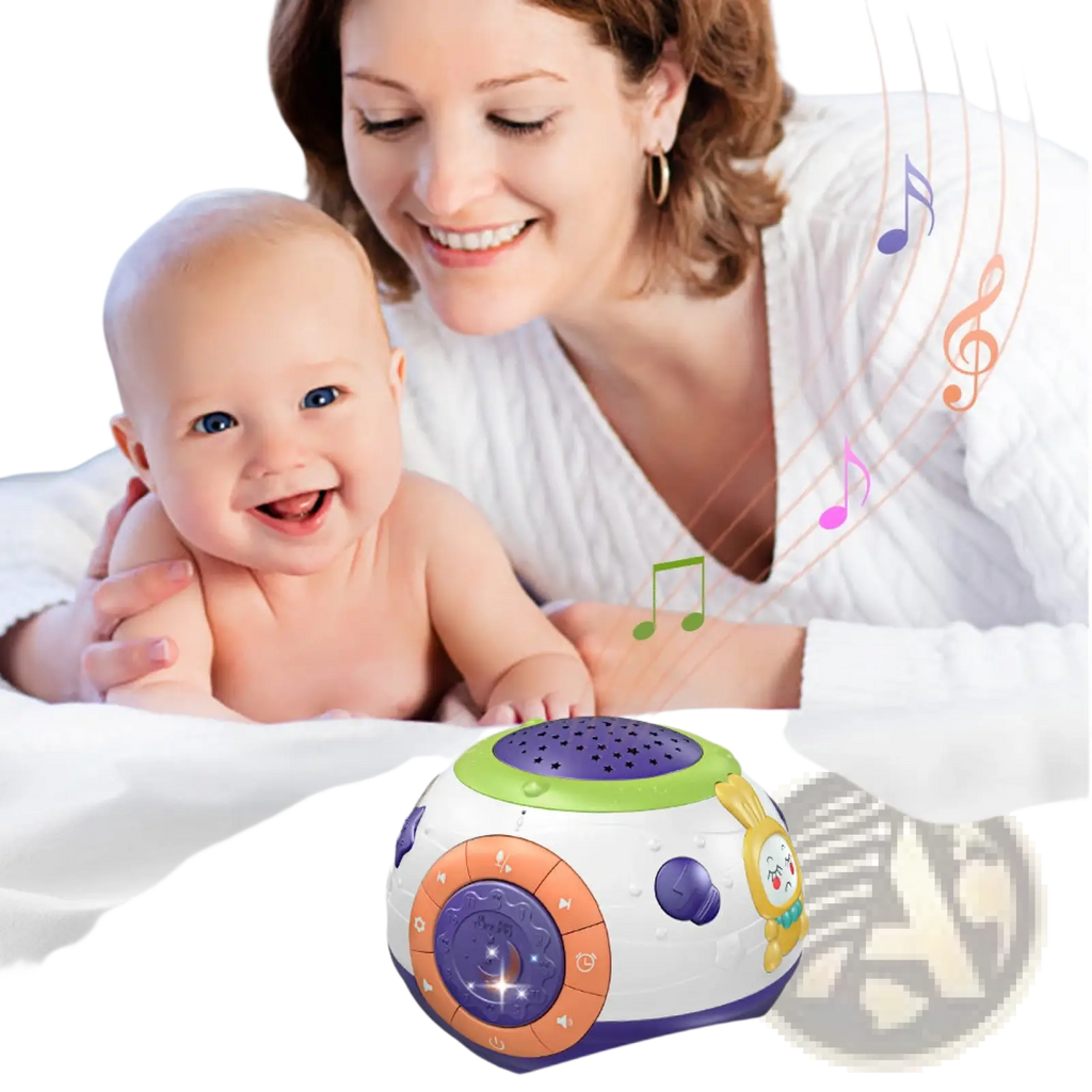 Starry sky night light projector with music and sounds featuring a colorful round baby toy with a rabbit design