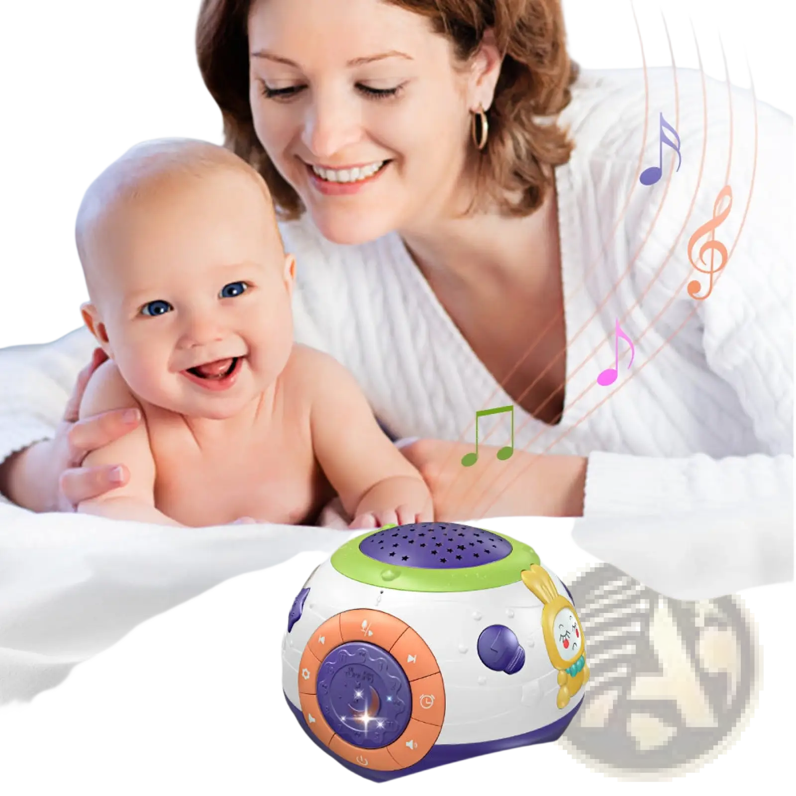 Starry sky night light projector with music and sounds featuring a colorful round baby toy with a rabbit design