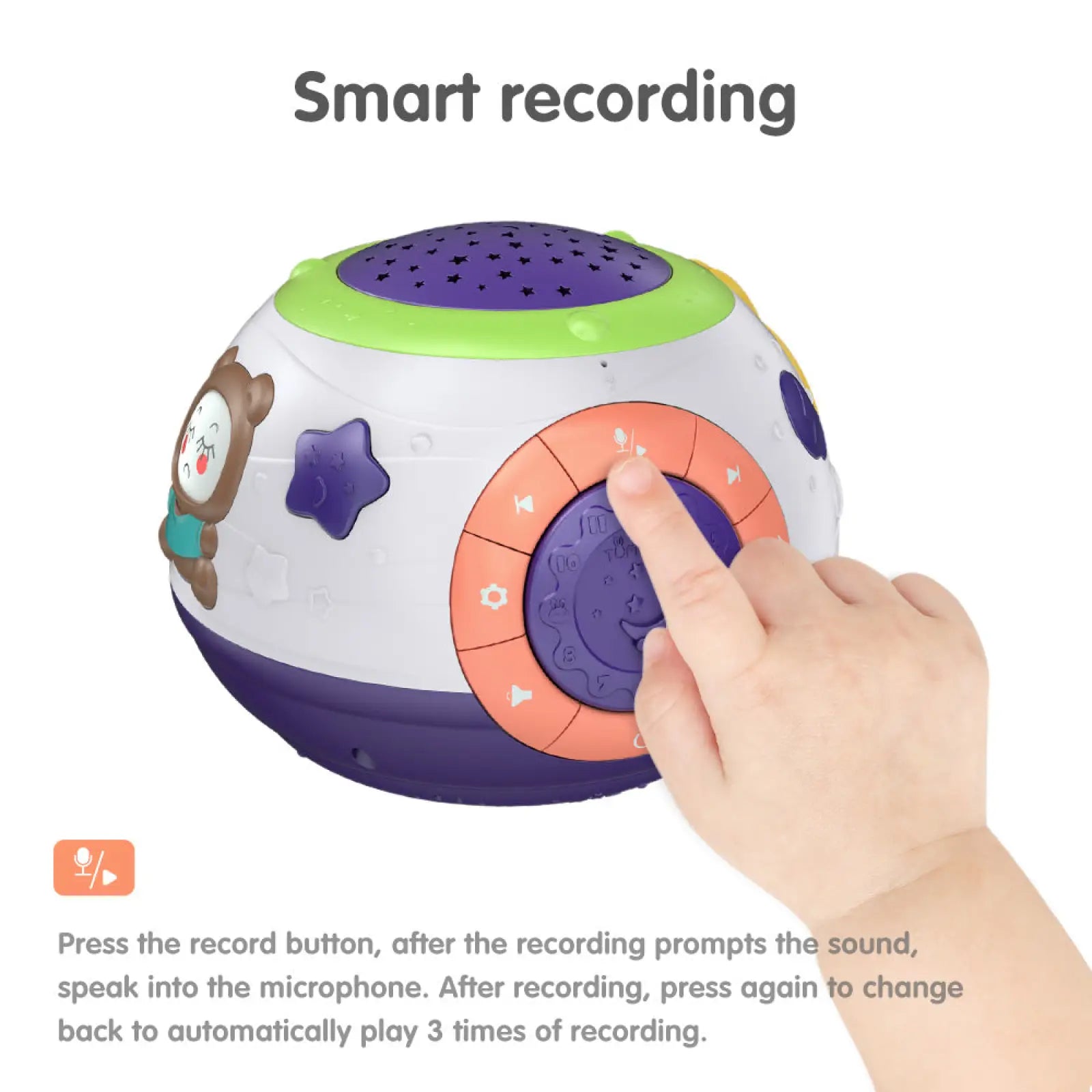 Starry sky night light projector with music and sounds in colorful round design with purple star top green accents and orange dial