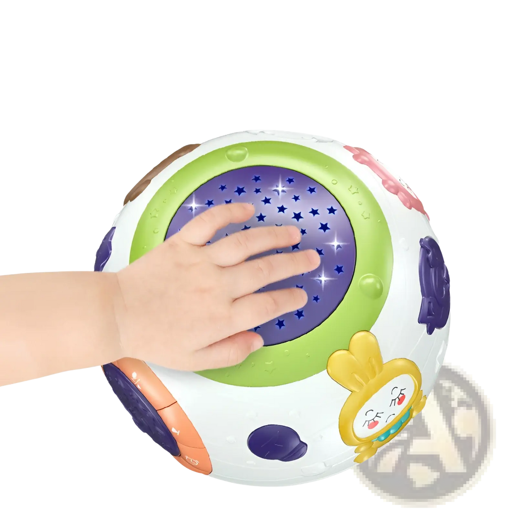Colorful round baby activity ball with purple starry light panel and textured green orange pink blue buttons for night light projector with music and sounds