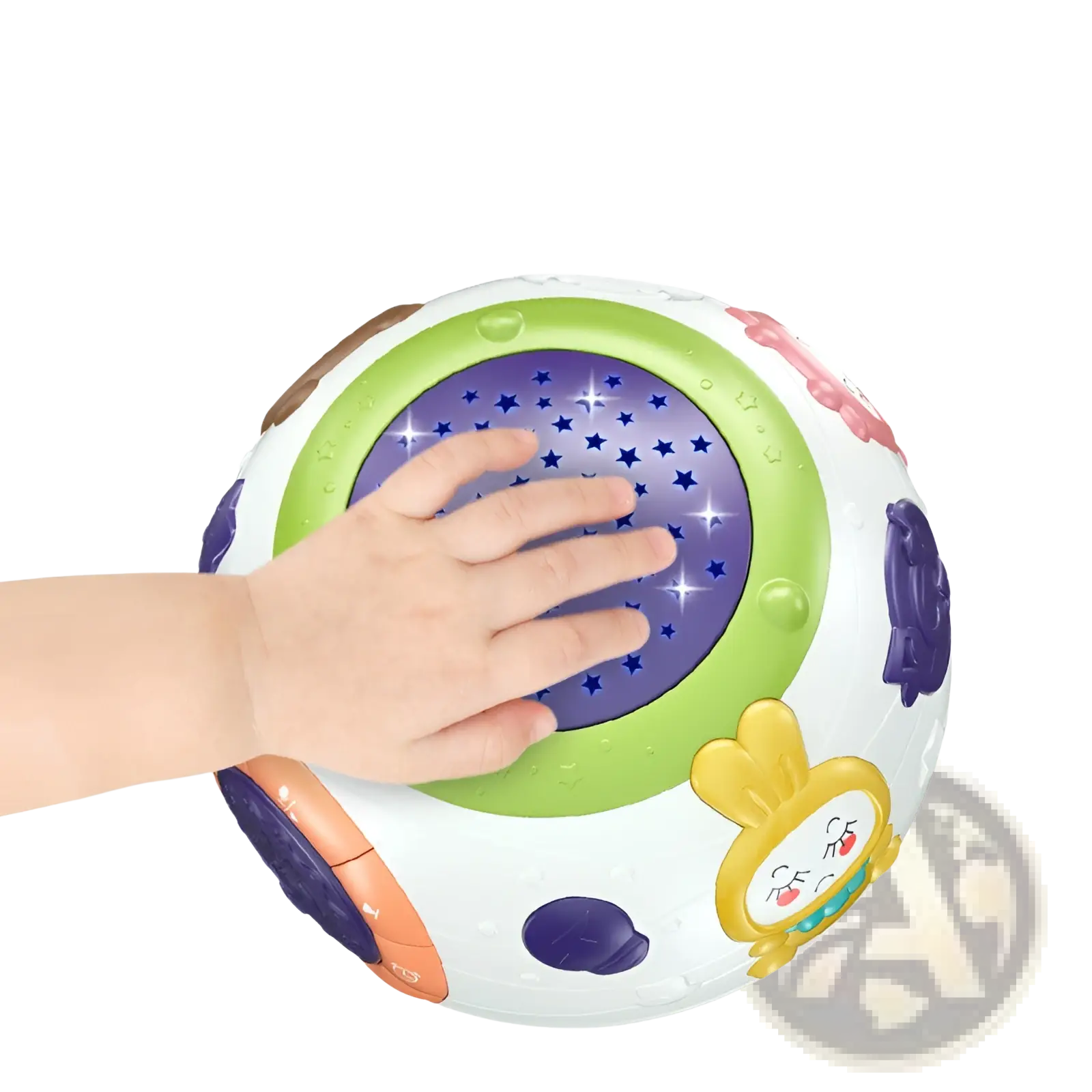 Colorful round baby activity ball with purple starry light panel and textured green orange pink blue buttons for night light projector with music and sounds