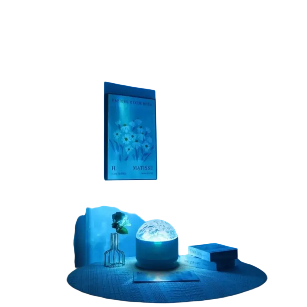 Blue spherical starry sky projection light with intricate white patterned design for ambient night lights