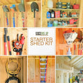 Orange and white stihl chainsaw mounted on wooden wall rack in starter shed kit stud mount garden tool organizer system