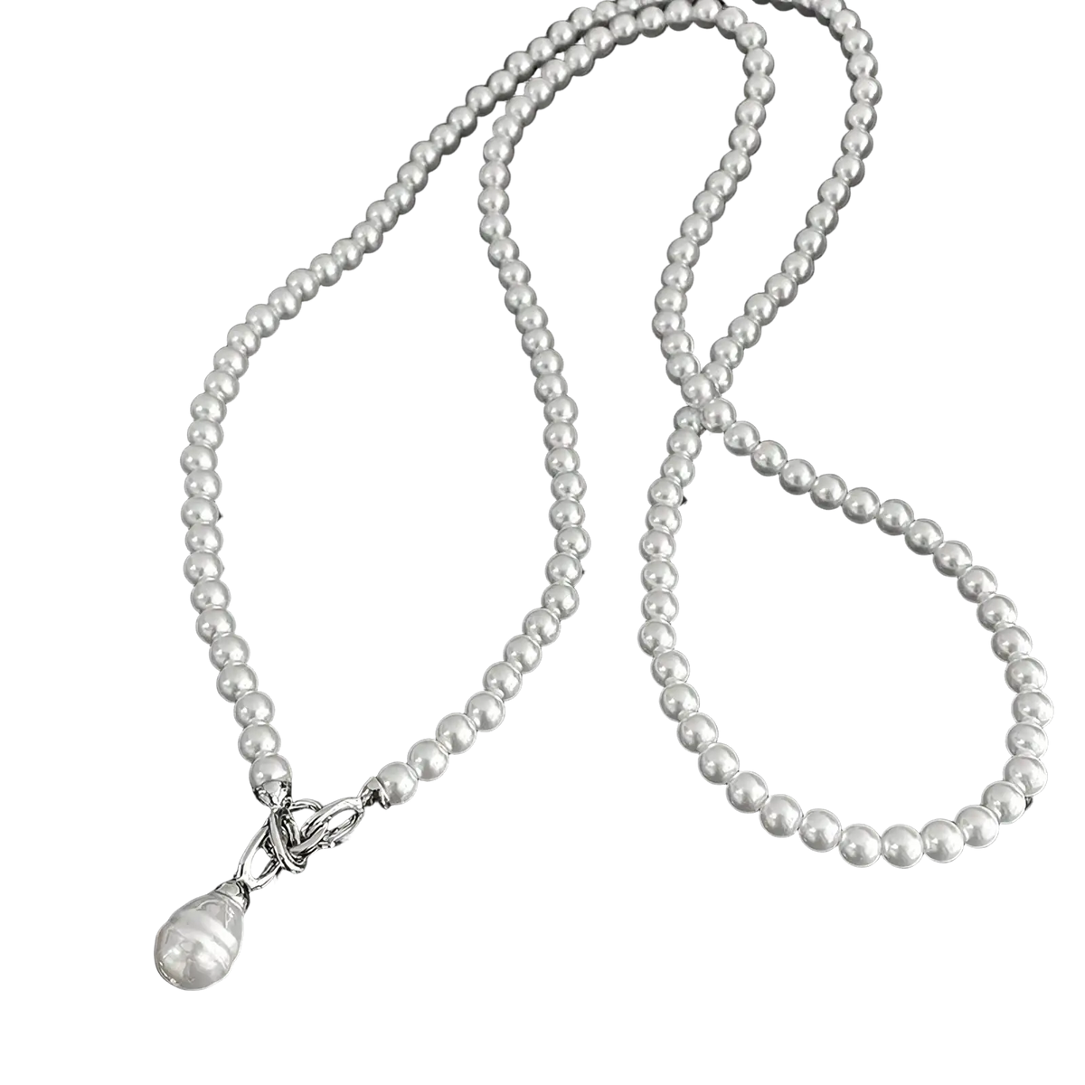 Pearl pendant long necklace for women featuring a delicate silver-toned chain with uniform white pearls and teardrop pendant