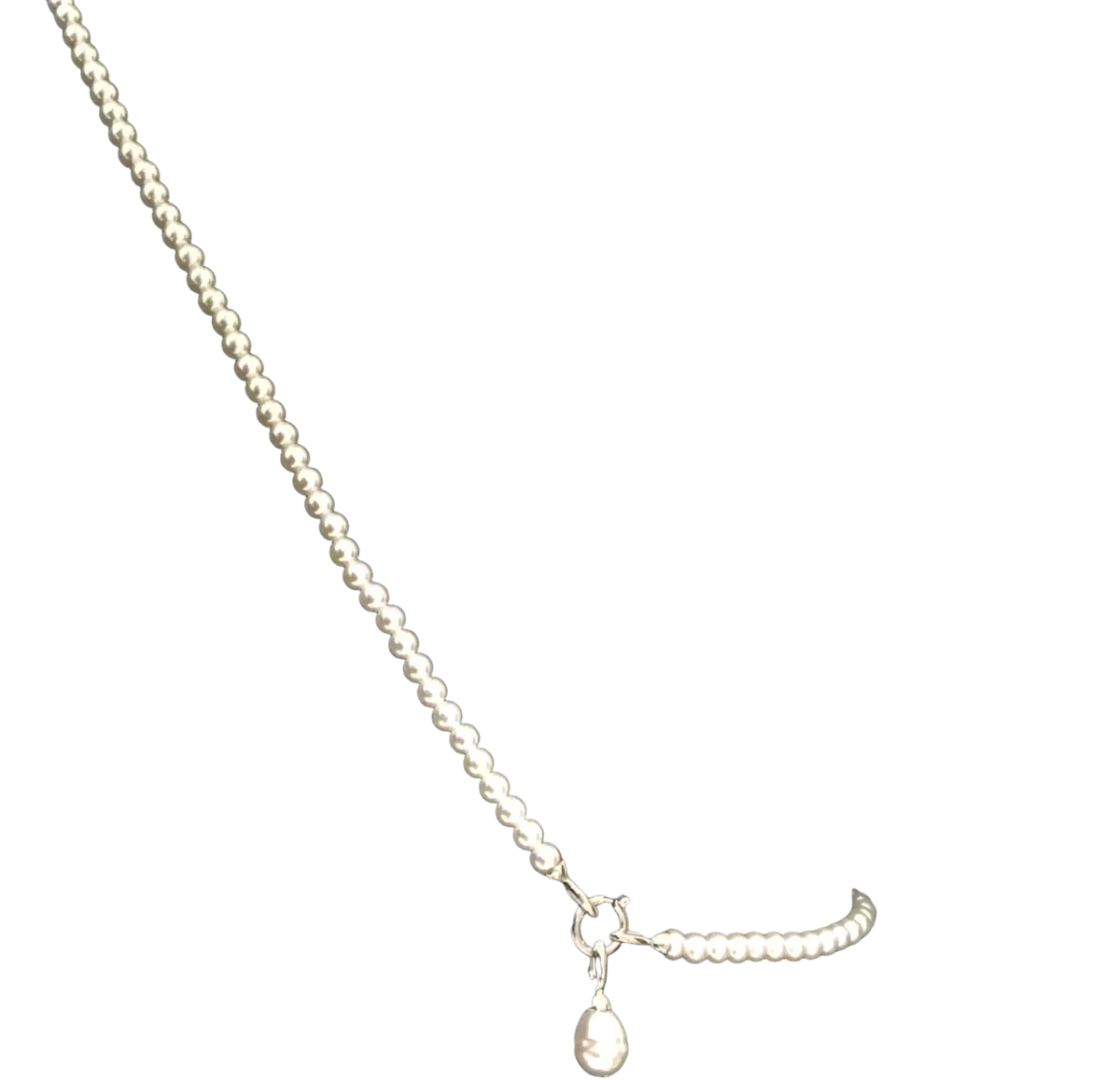 Pearl pendant long necklace with silver beaded chain and teardrop pendant worn over black blazer for women