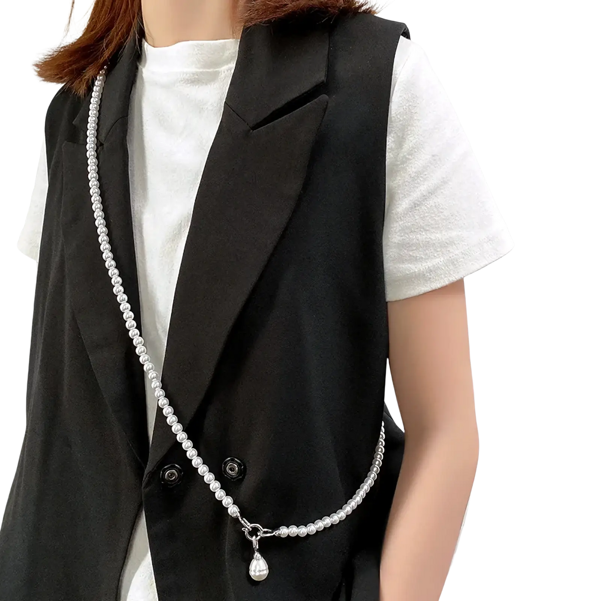 Silver pearl pendant long necklace for women with delicate teardrop chain worn crossbody over black vest
