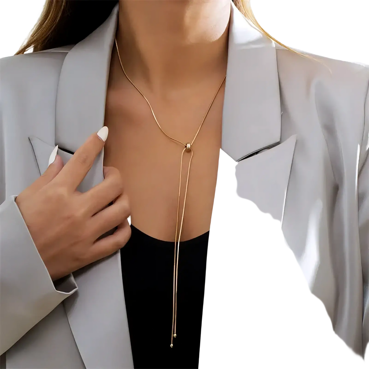 Gold-colored lariat pearl pendant long necklace for women with central knot and two dangling beaded chains