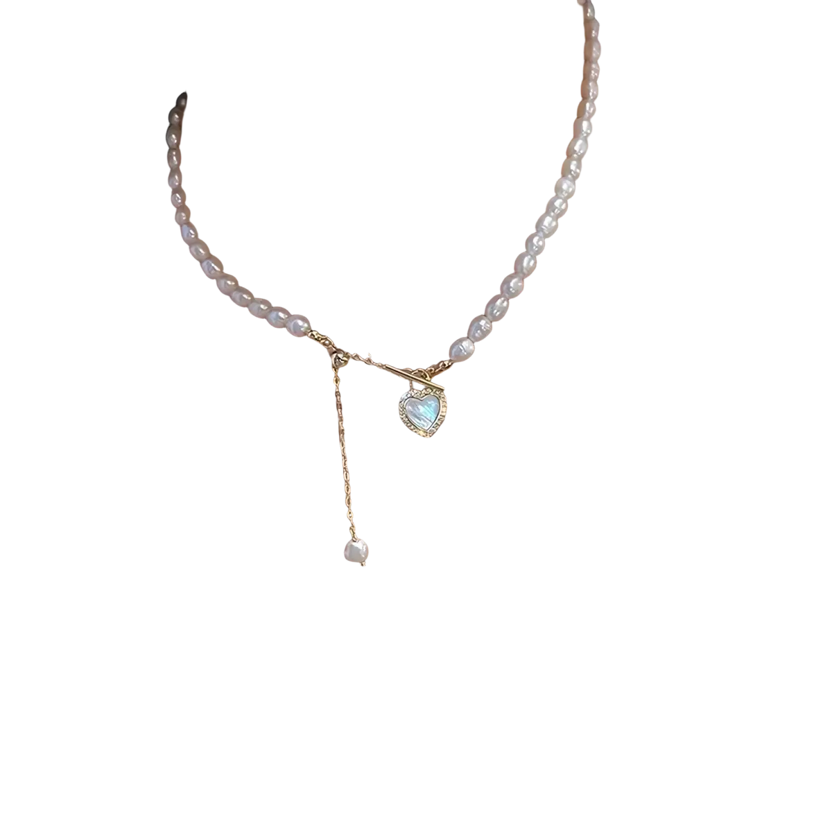 A delicate pearl pendant long necklace for women with a gold-toned heart pendant and dangling bead detail