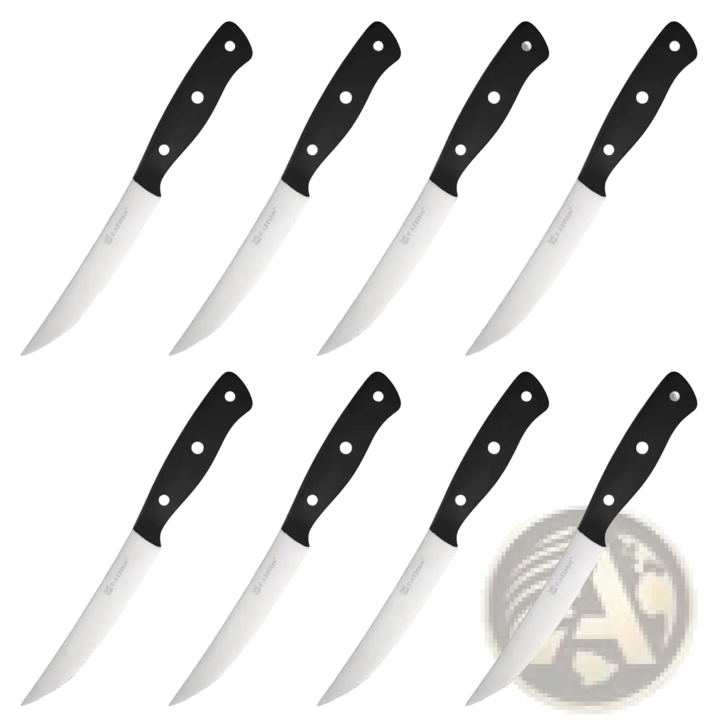 Set of eight black-handled steak knives with carbon steel blades and pom handles for precise cutting