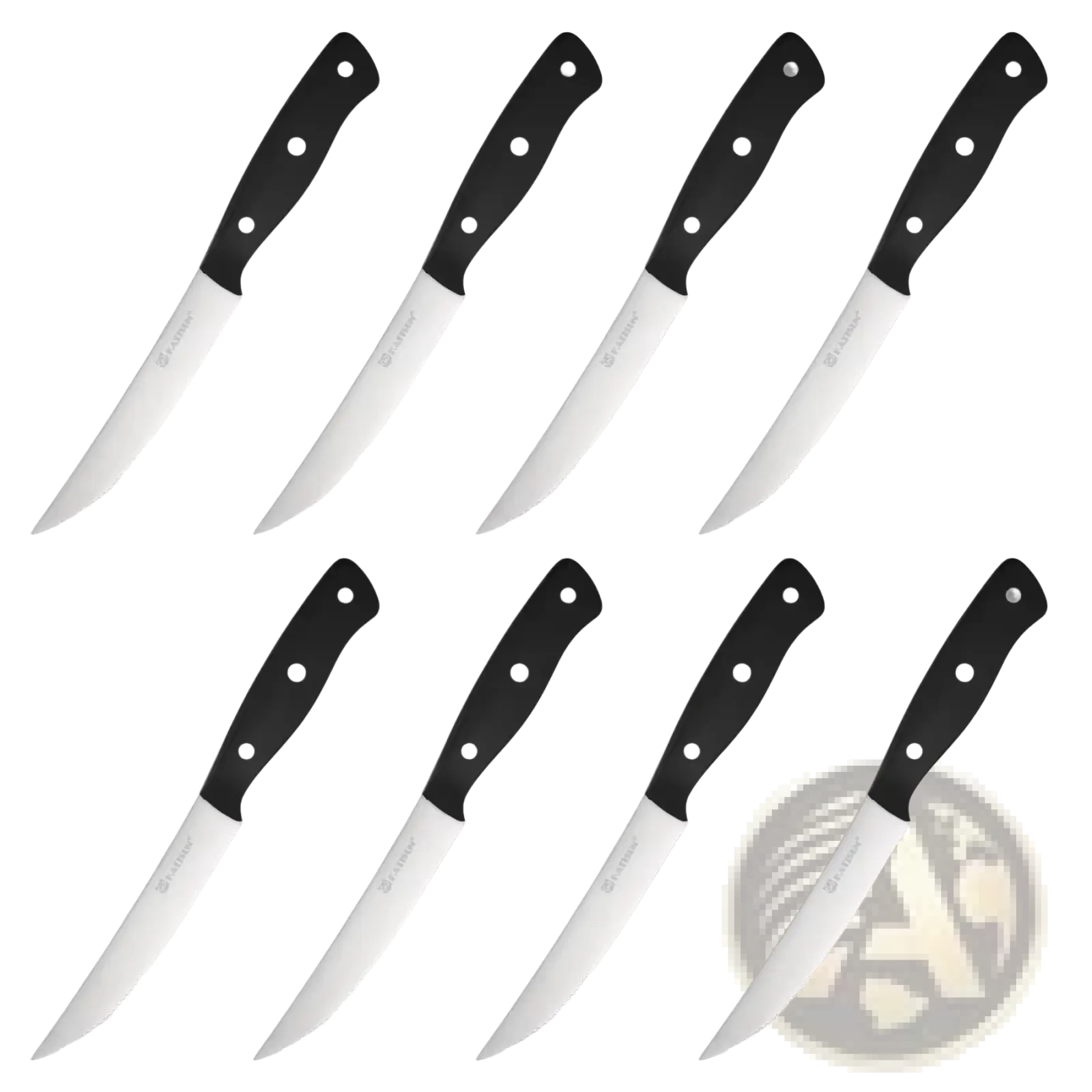 Set of eight black-handled steak knives with carbon steel blades and pom handles for precise cutting