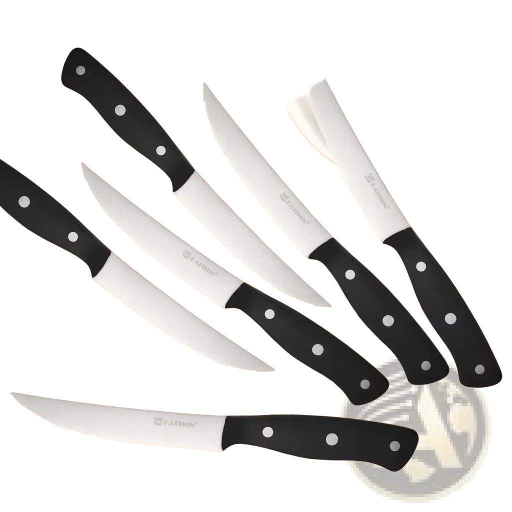 Set of six black-handled fatinx steak knives with stainless steel blades from the 8 piece carbon steel pom handle set