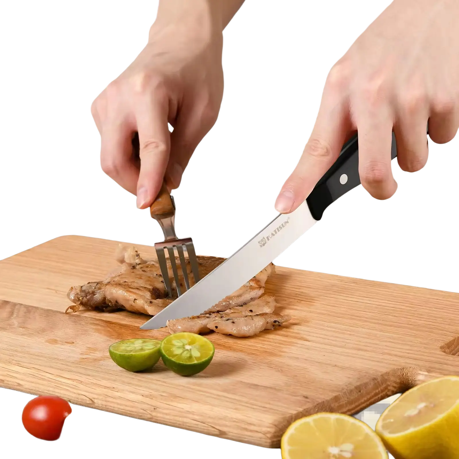 Black-handled steak knife with carbon steel blade engraved kaymen from 8 piece pom handle set