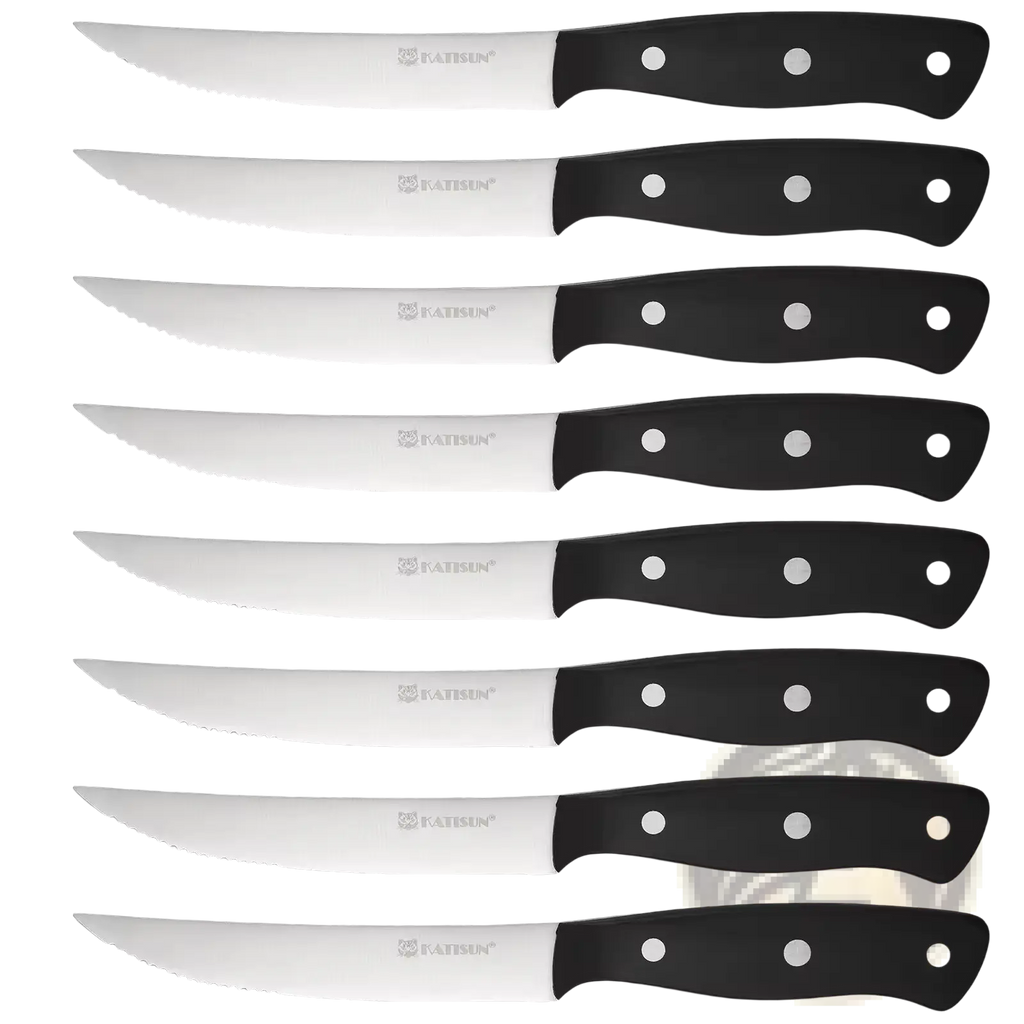 Set of eight black-handled katsun brand steak knives with serrated carbon steel blades for precise cutting