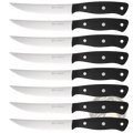 Set of eight black-handled katsun brand steak knives with serrated carbon steel blades for precise cutting