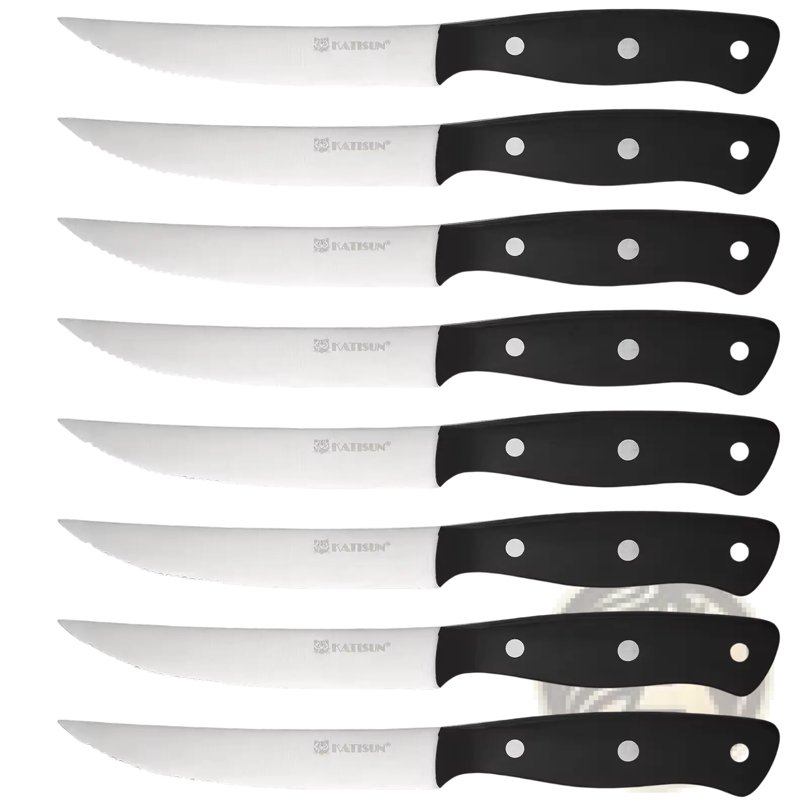 Set of eight black-handled katsun brand steak knives with serrated carbon steel blades for precise cutting