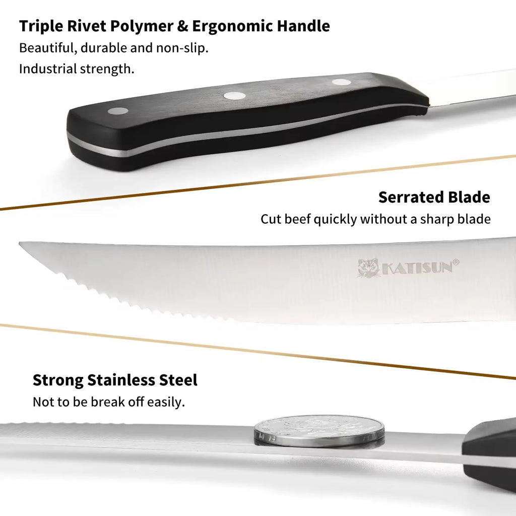 Steak knife set black triple rivet polymer handle with ergonomic design and silver serrated carbon steel blade