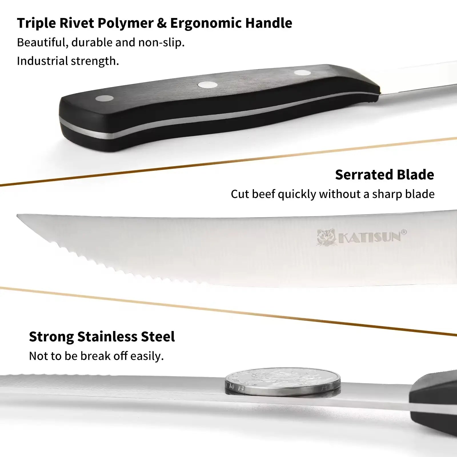 Steak knife set black triple rivet polymer handle with ergonomic design and silver serrated carbon steel blade